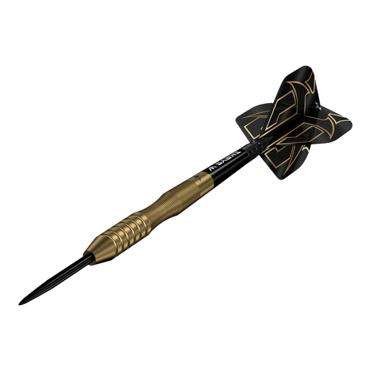 Fléchettes Mission Viktor Tingstrom en acier doré - 22 g Mission Viktor Tingstrom Gold Steeldarts - 22g wird im Bild präsentiert. Die Abbildung verdeutlicht die goldene Oberfläche der Darts.