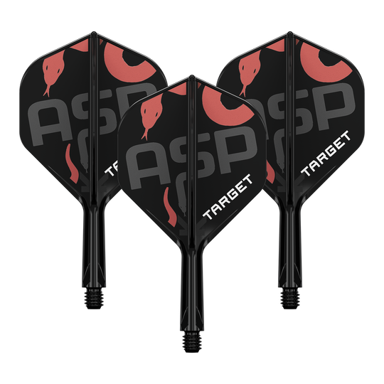 Système de flèche standard Target K-Flex Nathan Aspinall n° 2 Auf dem Bild sind drei schwarze Dartflights mit Schäften zu sehen. Die Flights tragen die Aufschrift "ASP" und "TARGET" sowie ein rotes Schlangenmotiv.