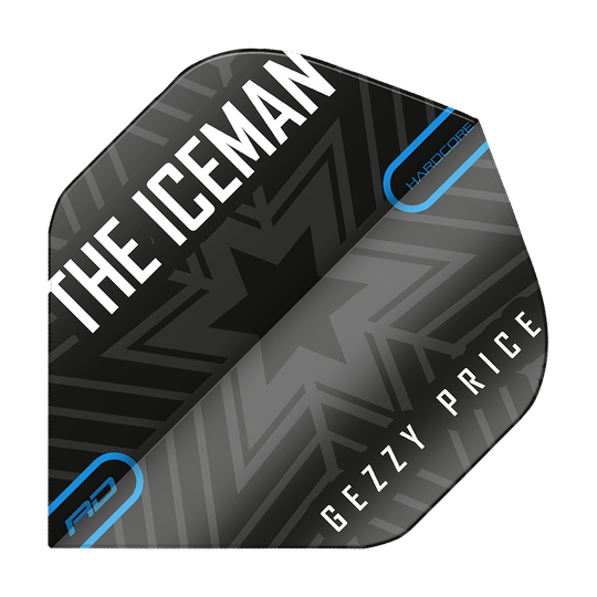 Das Bild zeigt ein Dartflight in Schwarz und Grau mit Schneeflocken-Design. Auf dem Flight stehen die Wörter "THE ICEMAN" und "GEZZY PRICE".