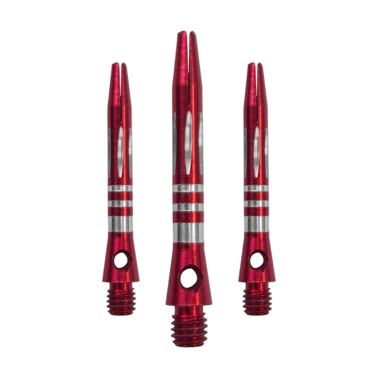 Tiges en aluminium taillées en diamant et annelées - Rouge - 35 mm Das Bild zeigt ein Set der Ringed Diamond Cut Aluminium Shafts - Rot - 35 mm. Mehrere rote Aluminium-Dartschäfte liegen nebeneinander.