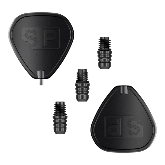 Convertisseur Target Swiss Point 2BA - Noir Das Bild zeigt den Target Swiss Point 2BA Converter in Schwarz. Es sind zwei schwarze Adapter und drei kleine Verbindungsteile abgebildet.
