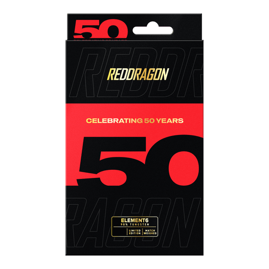 Fléchettes en acier Element 6 C de la collection Red Dragon 50 ans - 25 g Red Dragon 50 Year Collection Element 6 C Steeldarts mit 25g Gewicht. Das Bild zeigt die Darts aus der limitierten 50 Jahre Kollektion.