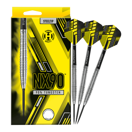 Fléchettes en acier Harrows NX90 à pointe rapide conique Das Bild zeigt die Harrows NX90 Tapered Quick Point Steeldarts in voller Ansicht. Die Steeldarts sind für Präzision und Qualität bekannt.