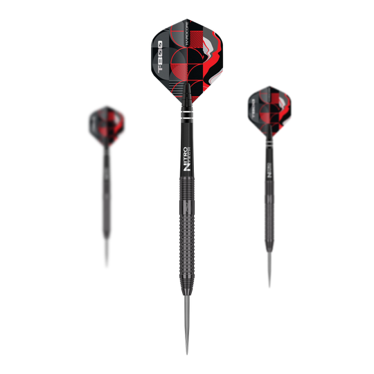 Fléchettes en acier Red Dragon T-800 Das Bild zeigt drei Red Dragon T-800 Steeldarts mit schwarzem Schaft und rot-schwarzen Flights. Die Darts sind modern und robust gestaltet, ideal für Präzisionswürfe.