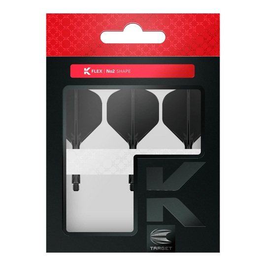 Système de vol standard Target K-Flex No2 - Noir Die Abbildung zeigt eine Verpackung mit drei schwarzen Dartflights der Marke Target in No2-Form. Die Verpackung ist hauptsächlich schwarz mit einem roten oberen Bereich und einem Sichtfenster, das die Flights präsentiert.