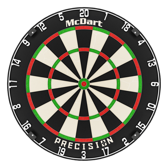 Cible de fléchettes en acier McDart Precision Das Bild zeigt eine McDart Precision Steeldartboard. Die Scheibe ist schwarz, weiß, rot und grün gefärbt und hat gut sichtbare Zahlen am Rand.