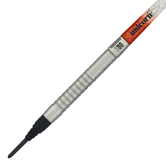 Fléchettes souples Unicorn Core XL Striker Style 1 - 19 g Das Bild zeigt einen Unicorn Core XL Striker Style 1 Softdart mit 19 Gramm Gewicht. Der Dart hat einen silbernen, geriffelten Griff und eine schwarze Softspitze.