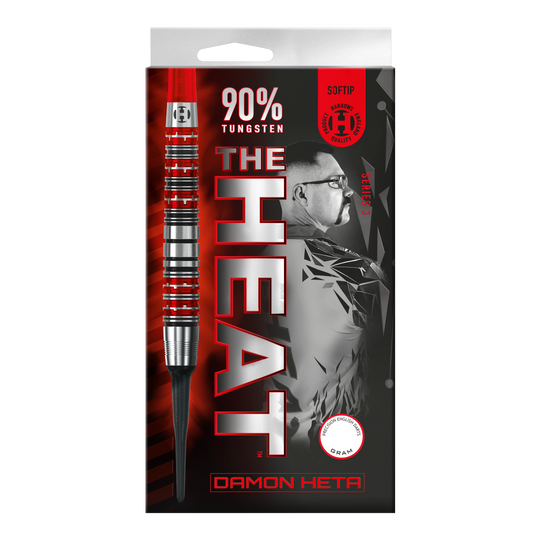 Fléchettes souples Damon Heta Series 3 de Harrow Die Abbildung zeigt die Verpackung der "Harrows Damon Heta Series 3 Softdarts". Auf der Verpackung stehen "90% Tungsten" und ein Porträt von Damon Heta im Hintergrund.