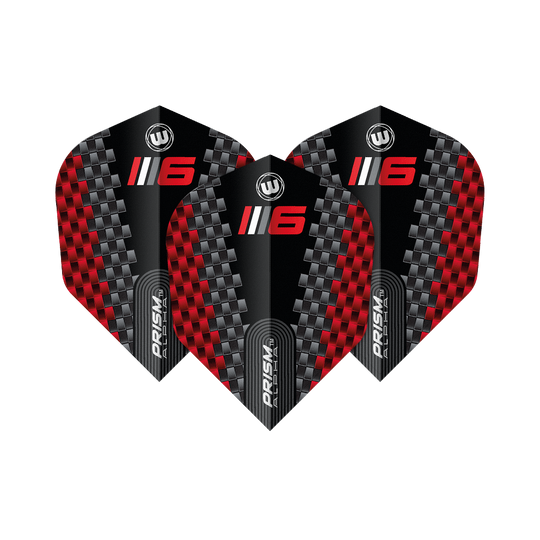 Volets Winmau Prism Alpha Blade 6 Chevron No6 Das Bild zeigt drei Dart-Flights des Modells "Winmau Prism Alpha Blade 6 Chevron No6". Die Flights haben ein schwarzes Design mit roten und silbernen Karomustern sowie der Aufschrift „6“ und „PRISM ALPHA“.