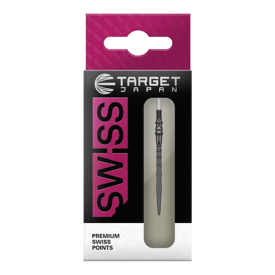 Das Bild zeigt die Target Japan Premium Swiss Point Steldartspitzen - Schwarz. Es handelt sich um hochwertige Steeldartspitzen für präzises Dartspiel.