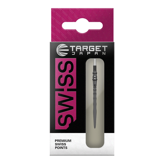 Pointes de fléchettes en acier de qualité supérieure Target Japan Swiss Point - Noires Das Bild zeigt die Target Japan Premium Swiss Point Steldartspitzen - Schwarz. Es handelt sich um hochwertige Steeldartspitzen für präzises Dartspiel.