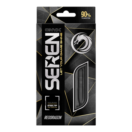 Die Abbildung zeigt die Verpackung der "Red Dragon Seren 3 Onyx Steeldarts". Auf der Schachtel steht, dass die Darts aus 90% Tungsten bestehen.