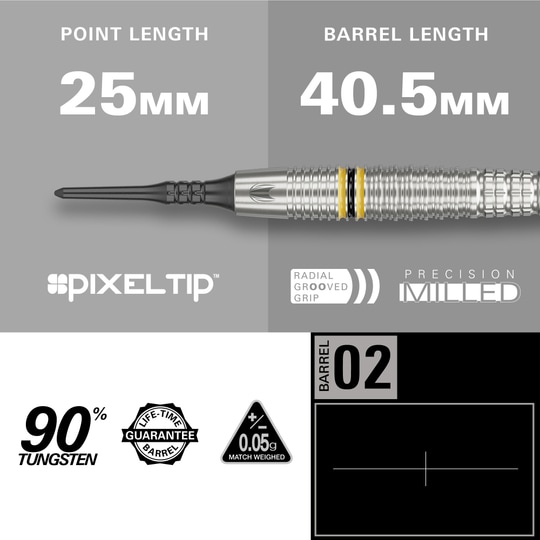 Fléchettes souples Target Scott Williams GEN2 - 18 g Das Bild zeigt die Target Scott Williams GEN2 Softdarts mit einer Spitzenlänge von 25 mm und einer Barrel-Länge von 40,5 mm. Der Dart besteht zu 90 % aus Tungsten und verfügt über eine präzise gefräste, radial gerillte Griff-Fläche.