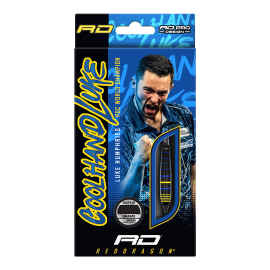 Fléchettes souples Red Dragon Luke Humphries, champion du monde, en laiton - 20 g Auf der Verpackung ist der Red Dragon Luke Humphries World Champion Brass Softdart mit 20g zu sehen. Im Hintergrund befindet sich ein jubelnder Mann in blauem Hemd.