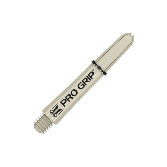 380150_Target_Pro_Grip_Shafts_Sand_34mm_2 Das Bild zeigt einen beigen Dart-Schaft mit der Aufschrift "Pro Grip". Der Schaft hat ein Gewinde an einem Ende und ist 34 mm lang.