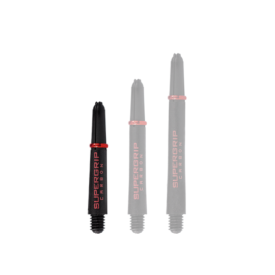 Das Bild zeigt drei Dartschäfte der Marke "Harrows Supergrip Carbon" in Rot. Die Schäfte sind in verschiedenen Längen dargestellt und haben ein schwarzes Design mit roten Akzenten.