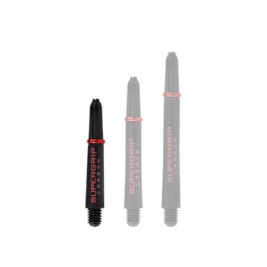 HR357_Harrows_Supergrip_Carbon_Shafts_Rot_33mm_1 Das Bild zeigt drei Dartschäfte der Marke "Harrows Supergrip Carbon" in Rot. Die Schäfte sind in verschiedenen Längen dargestellt und haben ein schwarzes Design mit roten Akzenten.
