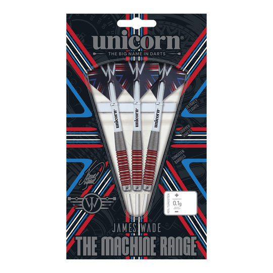 Fléchettes Unicorn The Machine James Wade 90% acier Das Bild zeigt eine Verpackung mit drei Steeldarts der Marke "Unicorn" aus der "James Wade The Machine Range". Die Darts bestehen zu 90% aus Tungsten und haben rote und silberne Akzente.
