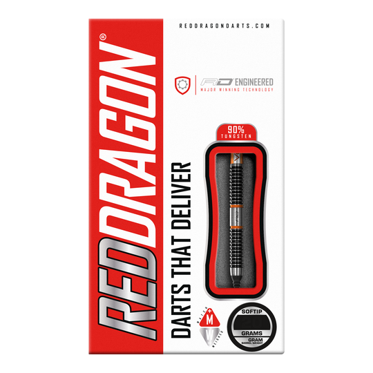 Red Dragon Amberjack 18 fléchettes souples - 20 g Auf dem Bild ist die Verpackung der "Red Dragon Amberjack 18 Softdarts - 20g" zu sehen. Die Verpackung ist überwiegend rot und weiß und zeigt einen Softdart mit 90% Tungsten.
