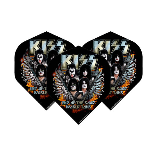 Mission Kiss End Of The Road Vols Standard No2 Das Bild zeigt drei Standard-Flights für Dartpfeile mit dem Motiv der Band KISS und dem Schriftzug "End of the Road World Tour". Auf den Flights sind die Bandmitglieder mit ihrem typischen Make-up und Flügeln abgebildet.