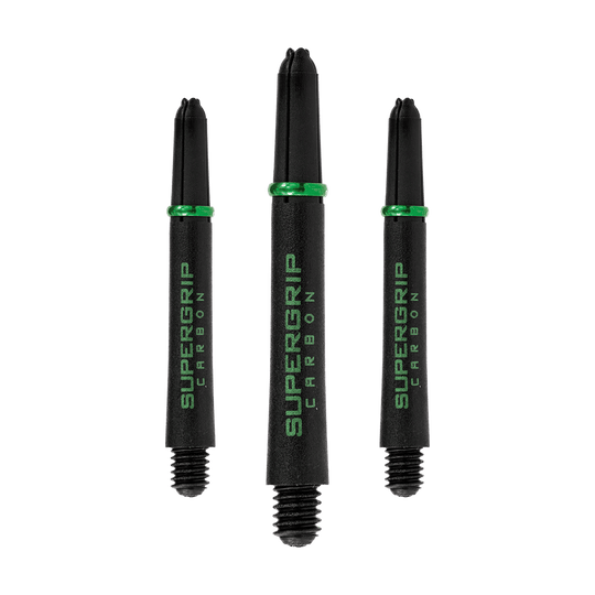 HR361_Harrows_Supergrip_Carbon_Shafts_Gr-n_40mm_1IIOSq6HkOpIu5 Harrows Supergrip Carbon Shafts mit Struktur, in einer Linie angeordnet. Die Schäfte sind detailliert dargestellt.