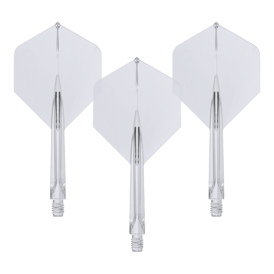 Ailettes standard Unicorn Forge All In One Plus No2 transparentes - Moyennes Das Bild zeigt drei klare, mittellange Unicorn Forge All In One Plus No2 Standard Flights. Sie sind durchsichtig und haben eine integrierte Flight- und Schaft-Konstruktion.