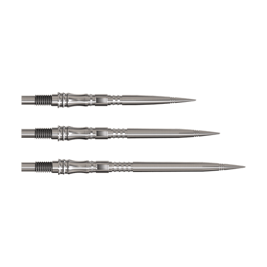 Dartspitzen der Serie Apex Axis Silver Elite sind abgebildet. Sie sind silberfarben und filigran gearbeitet.