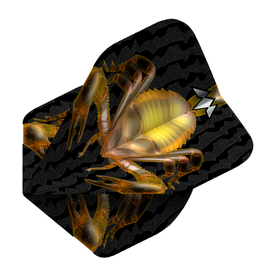 Mission Solo Scorpion n°2 Vols standards Das Bild zeigt ein schwarzes Dartflugblatt mit einem goldenen Skorpion-Design in der Mitte. Im Hintergrund sind wellenförmige Muster zu sehen.
