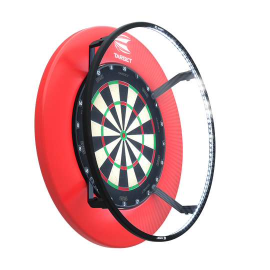 Système d'éclairage de cible de fléchettes Target CORONA Vision LED Das Bild zeigt das Target CORONA Vision LED Dartboard-Beleuchtungssystem an einer Dartscheibe montiert. Ein LED-Ring sorgt für eine gleichmäßige Ausleuchtung der gesamten Spielfläche.