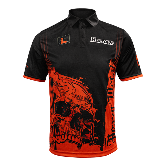 T-shirt de joueur de heavy metal Ryan Searle de Harrow Das Bild zeigt das Harrows Ryan Searle Heavy Metal Playershirt. Es ist ein spezielles Dartshirt, das für Spieler entworfen wurde.