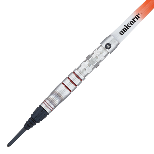 Fléchettes souples Unicorn Ballista Style 3 Das Bild zeigt einen Unicorn Ballista Style 3 Softdart. Der Dart hat ein silbernes Barrel mit roten Ringen und einer schwarzen Softspitze.