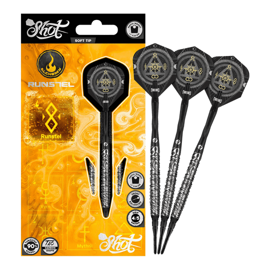 Fléchettes souples Shot Alchemy Runstel - 20 g Das Bild zeigt die Shot Alchemy Runstel Softdarts mit 20 Gramm Gewicht. Die Darts sind vollständig und detailliert abgebildet.