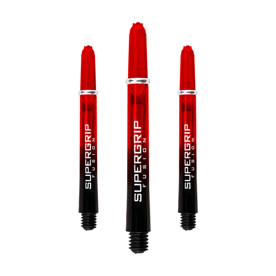 Das Bild zeigt drei Harrows Supergrip Fusion Shafts in der Farbe Rot. Die Schäfte sind teilweise transparent und verlaufen von Rot zu Schwarz mit weißer Aufschrift.