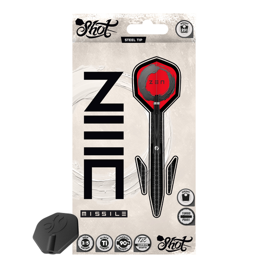 Fléchettes en acier Shot ZEN Missile Turbo Point - 23 g Das Bild präsentiert die Shot ZEN Missile Turbo Point Steeldarts - 23g. Diese sind besonders präzise und griffig gestaltet.