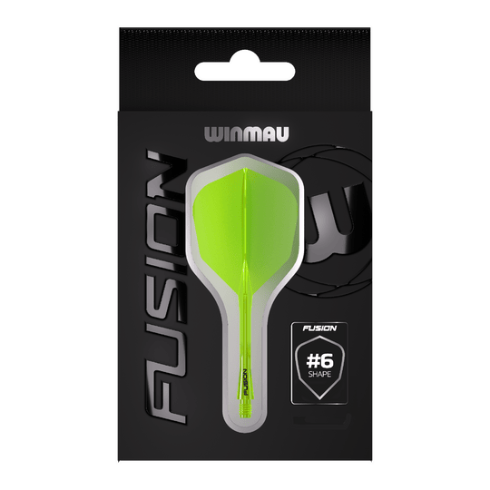 Système d'arbre de vol Winmau Fusion No6 Jaune fluo Auf dem Bild ist eine Packung Winmau Fusion Flight Shaft System in Neon-Gelb zu sehen. In der Mitte der Verpackung befindet sich ein Flightsystem in Form #6.