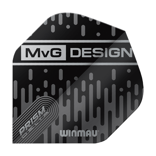 6915-214_Winmau_Prism_Delta_MvG_6915-214_Standard_Flights_1TL8y0Xq5nTsU1 Das Bild zeigt ein schwarzes Dart-Flight mit silbernen Mustern und der Aufschrift "MvG DESIGN". Unten auf dem Flight stehen die Wörter "PRISM DELTA" und "WINMAU".