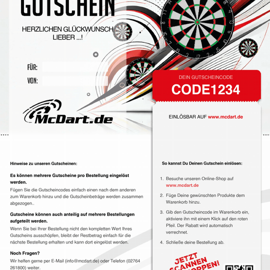Bon d'achat - Cibles de fléchettes Das Bild zeigt einen Gutschein für Dartboards von McDart.de mit einem individuellen Gutscheincode. Im Design sind mehrere Dartboards sowie Hinweise zur Einlösung des Gutscheins abgebildet.