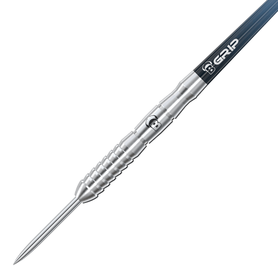 Fléchettes en acier Bulls Stone S3 Auf dem Bild ist ein silberner Steeldart mit dem Namen "Bulls Stone S3 Steeldarts" zu sehen. Der Dart hat ein markantes Rillen-Design und einen spitzen Metallkopf.