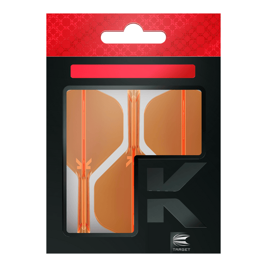 Système de vol standard Target K-Flex No2 - Orange fluo Die Abbildung zeigt eine Packung mit orangenen Dart-Flights der Marke Target. Die Verpackung ist überwiegend schwarz mit einem roten oberen Abschnitt.