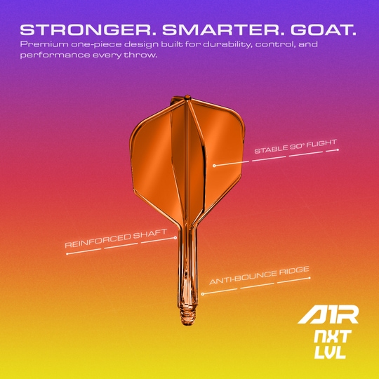 Système d'arbre de vol GOAT A1R n° 6 - Orange fluo Das GOAT A1R No6 Flight-Shaft-System in Neon Orange ist auf diesem Bild abgebildet. Die farbenfrohe Gestaltung macht es besonders ansprechend für Dartspieler.