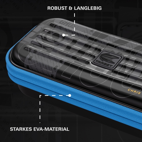 Das Bild zeigt das Takoma Ghost Series Chris Dobey Dartcase. Es eignet sich ideal zum Aufbewahren und Transportieren von Darts.