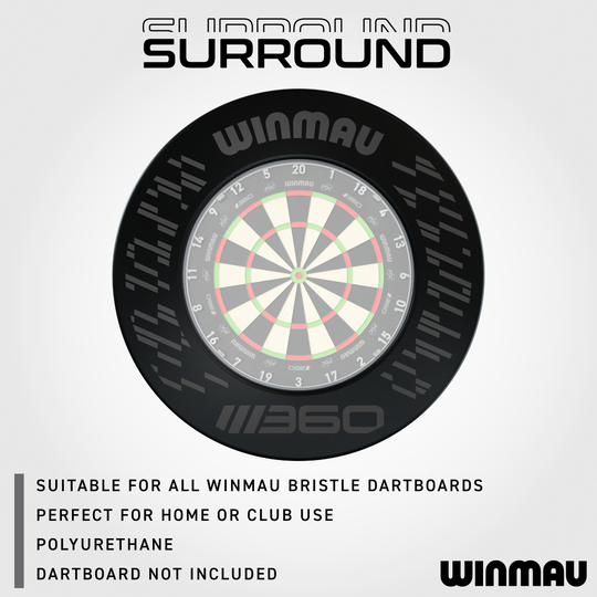 Cadre de cible Winmau Blade 360 - Noir Das Bild zeigt das Winmau Blade 360 Dartboard Surround in Schwarz. Es ist eine praktische Ergänzung zum Schutz der Wände beim Dartspielen.