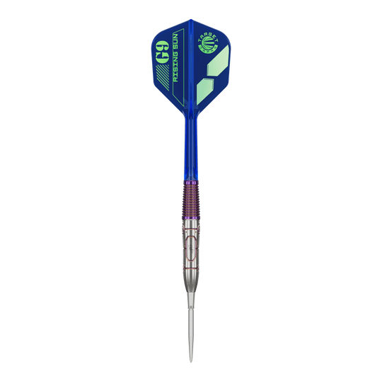 Dies ist ein Target Japan Haruki Muramatsu Rising Sun GEN9 Steeldart mit einem Gewicht von 23g. Der Dart hat ein modernes Design mit blauen und silbernen Elementen.