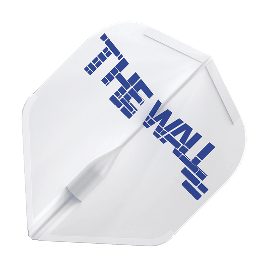 Vols L-Style Martin Schindler Blanc L1EZ Das Bild zeigt ein weißes Dart-Flight mit der Aufschrift "THE WALL" in blauen Buchstaben. Es handelt sich um das Produkt "L-Style Martin Schindler Weiß L1EZ Flights".
