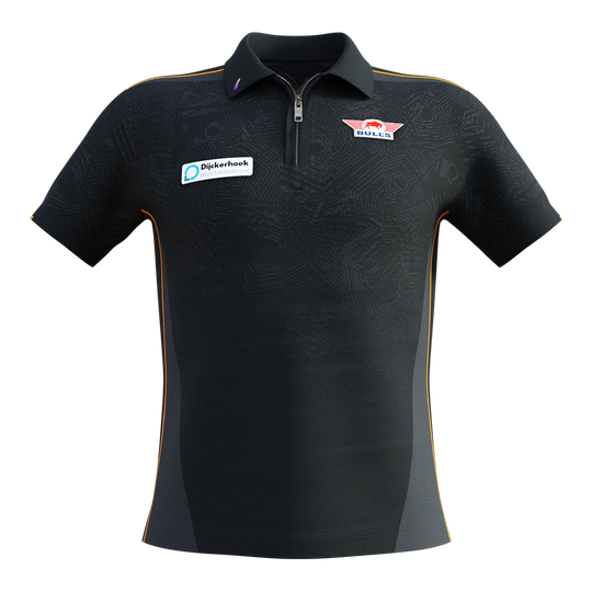 Maillot de match Bulls NL Dirk Van Duijvenbode 2025 Das Bild zeigt ein schwarzes Matchshirt mit kurzen Ärmeln und orangefarbenen Akzenten. Auf der Brust sind das Bulls NL Logo und ein Sponsorenaufnäher zu sehen.