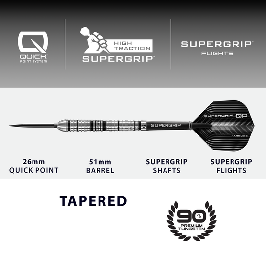 Abgebildet sind die Harrows Supergrip QP Tapered Quick Point Steeldarts. Sie eignen sich ideal für ein präzises Dartspiel.