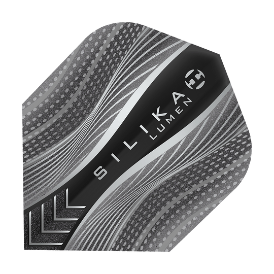 HF5127_Harrows_Silika_Lumen_Black_No6_Flights_1CwrZbkDmIpoit Das Bild zeigt das Produkt "Harrows Silika Lumen Black No6 Flights". Das Flight hat ein modernes, schwarz-graues Design mit dynamischen Linien und Punkten.