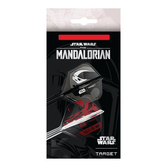 Coffret Target Star Wars K-Flex Mandalorian No6 Flights Das Bild zeigt das Target Star Wars K-Flex-Set Mandalorian No6 Flights. Das Produkt ist ein Dart-Set mit Mandalorian-Design aus der Star Wars Reihe.