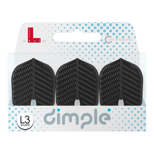 Vols de style L Dimple Champagne Forme L3PRO Das Bild zeigt eine Packung mit drei schwarzen L-Style Flights Dimple im L3PRO Shape. Die Verpackung ist weiß mit blauen Punkten und der Aufschrift „dimple“.