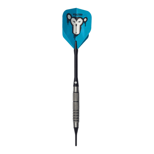 Fléchettes souples McDart 85 Tungstène V10 - 17,5 g Der McDart 85er Tungsten V10 Softdart wiegt 17,5 Gramm und hat einen schwarzen, geriffelten Griff. Die blaue Flight zeigt ein Affengesicht mit künstlerischem Design.